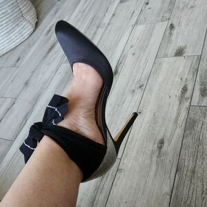 Rene Caovilla Crystal-Embellished Ankle Tie d'Orsay Pumps Black Satin Heels 8.5